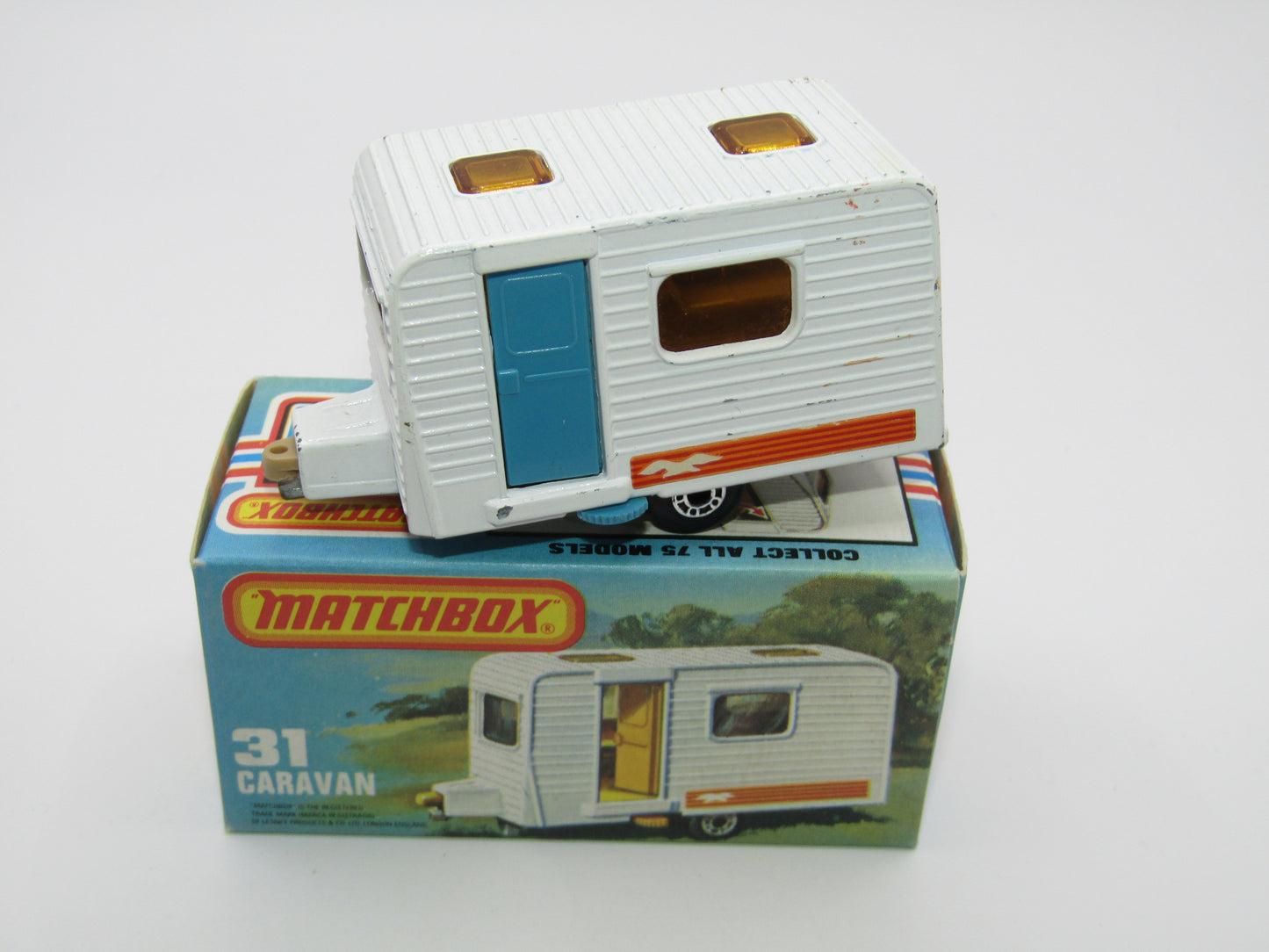 Matchbox Superfast 31C Caravan - BLUE DOOR & TAN Interior ORANGE Labels