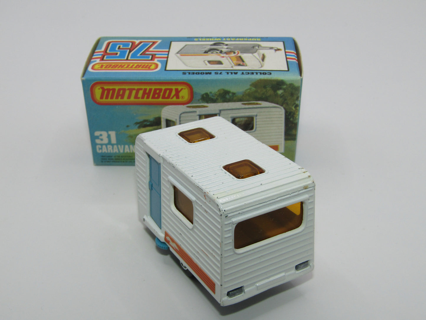 Matchbox Superfast 31C Caravan - BLUE DOOR & TAN Interior ORANGE Labels