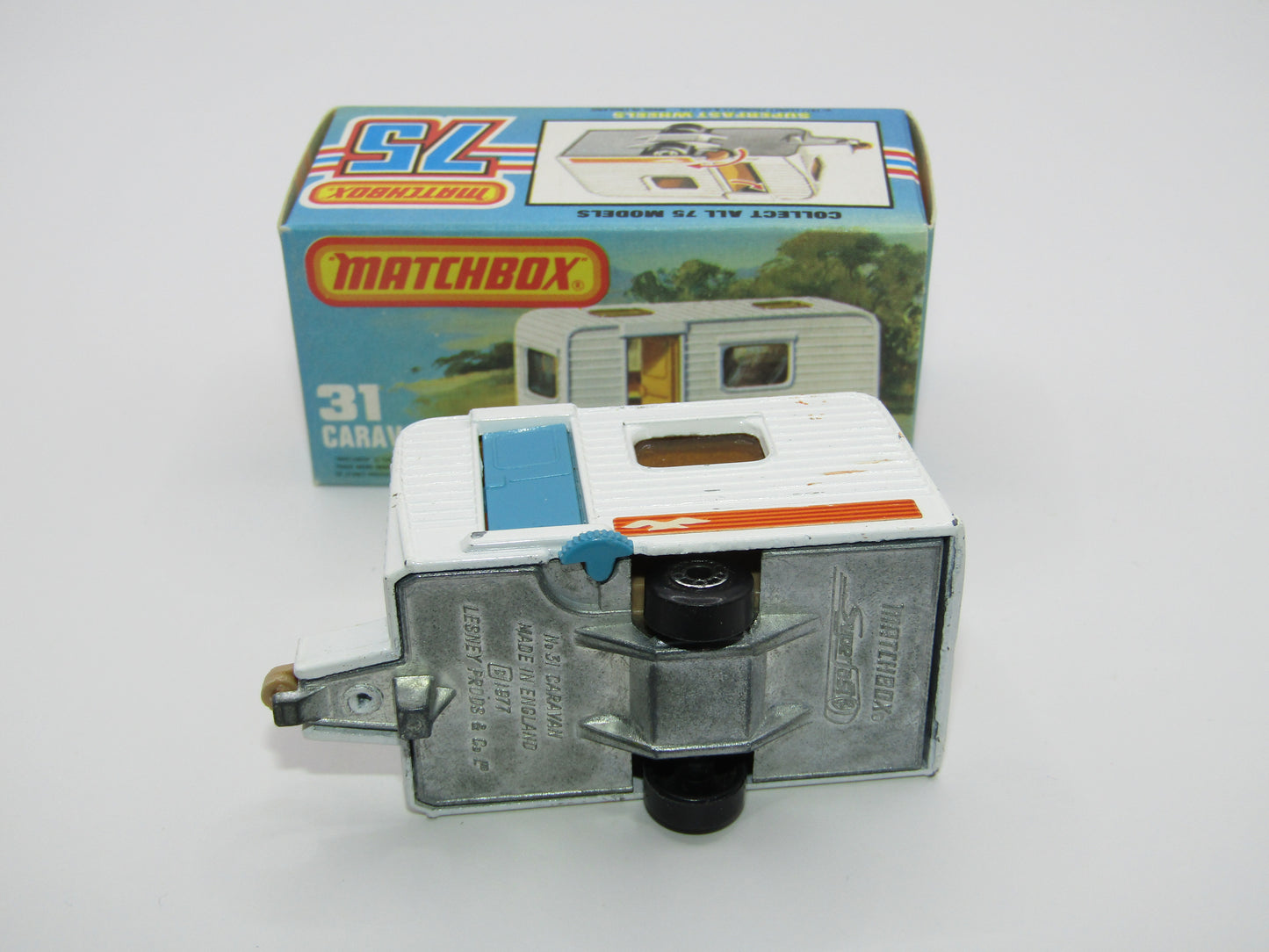 Matchbox Superfast 31C Caravan - BLUE DOOR & TAN Interior ORANGE Labels