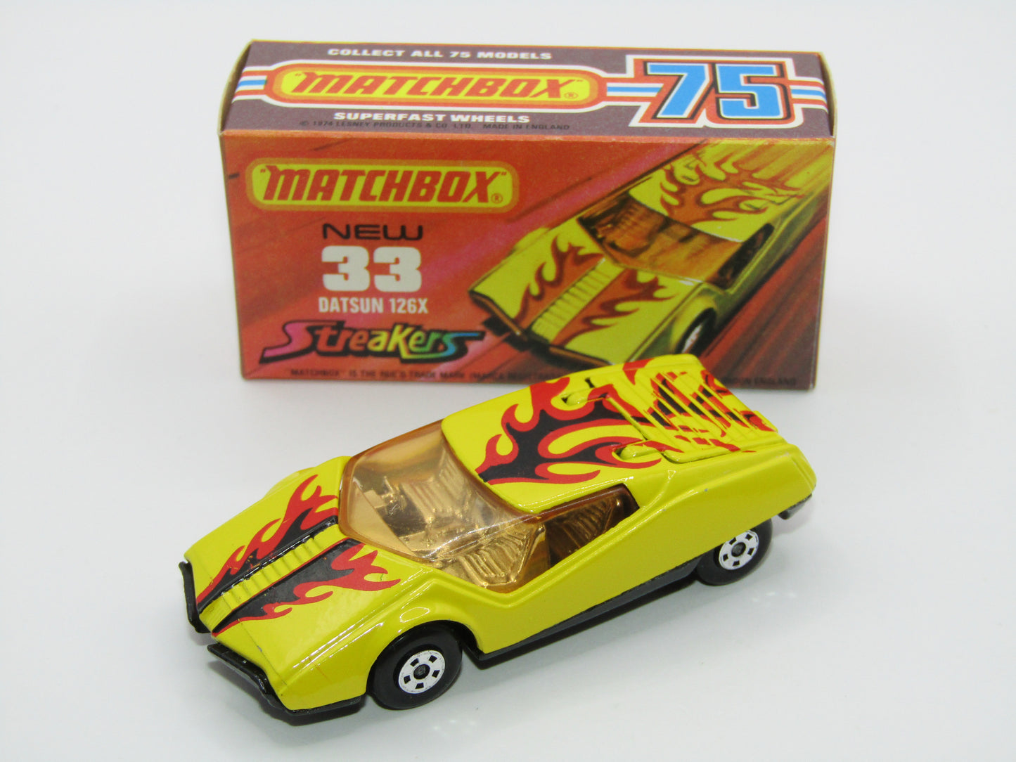 Matchbox Superfast 33B Datsun 126X Light Amber Windows BLACK Golden X Base