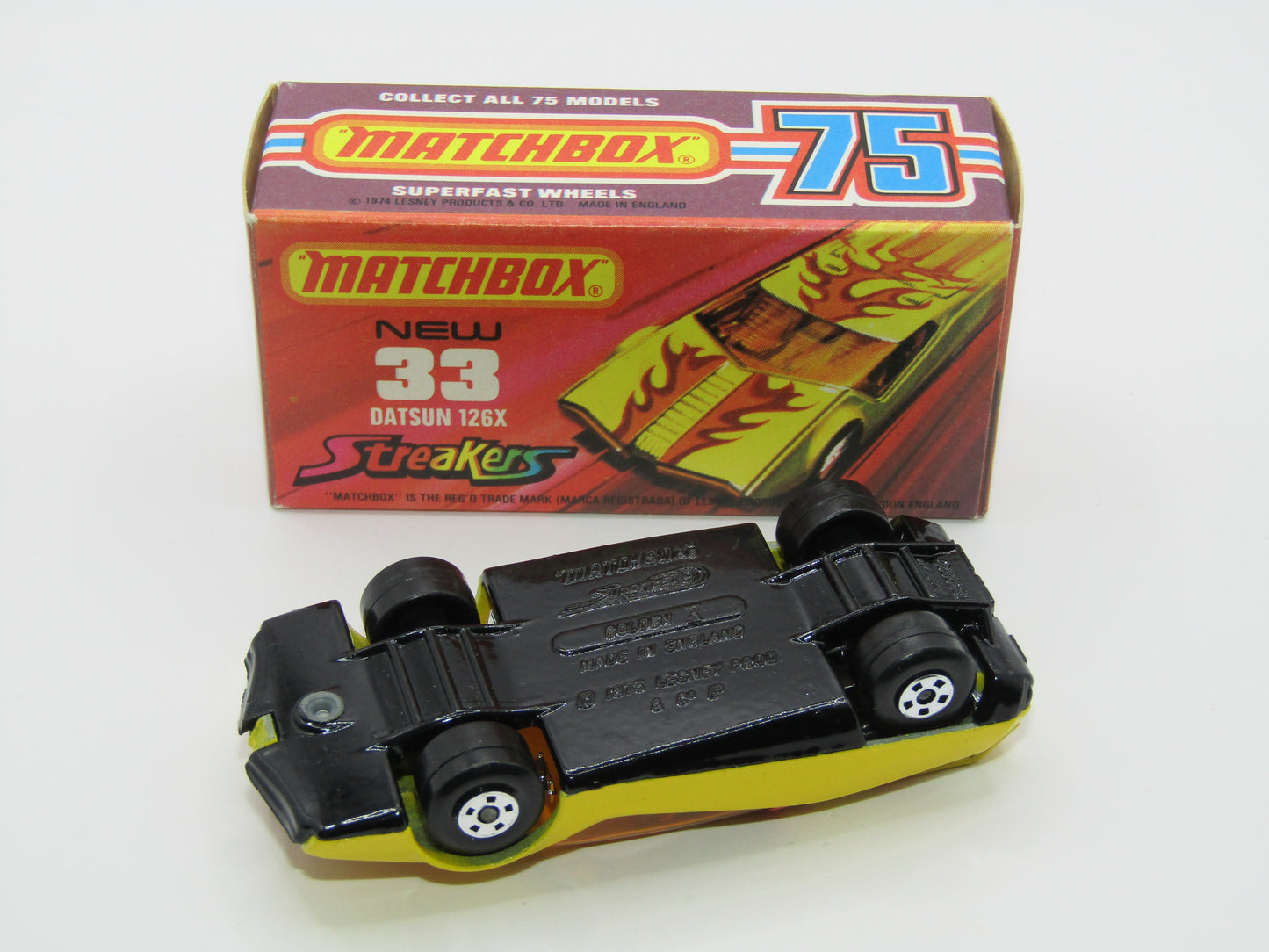Matchbox Superfast 33B Datsun 126X DARK Amber Windows BLACK Golden X Base