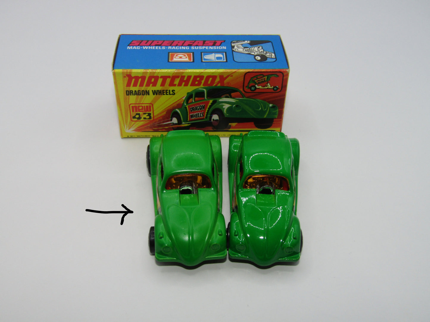 Matchbox Superfast 43B Dragon Wheels MATT GREEN Body DOT DASH Wheels