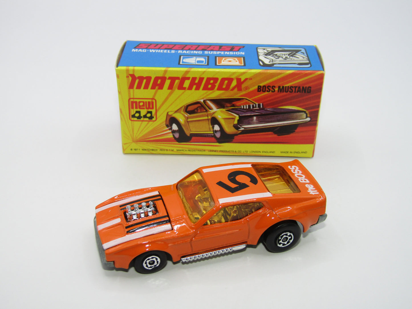 Matchbox Superfast 44B Boss Mustang Dark Orange Missing 1 Side Tampo