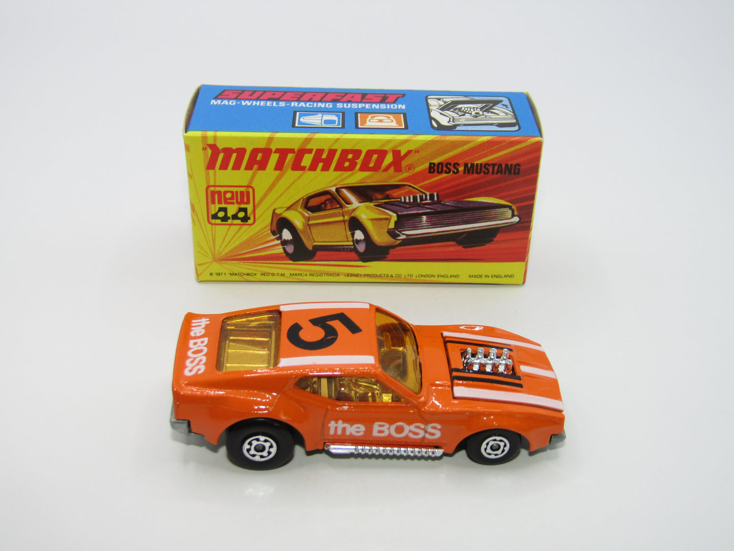 Matchbox Superfast 44B Boss Mustang Dark Orange Missing 1 Side Tampo