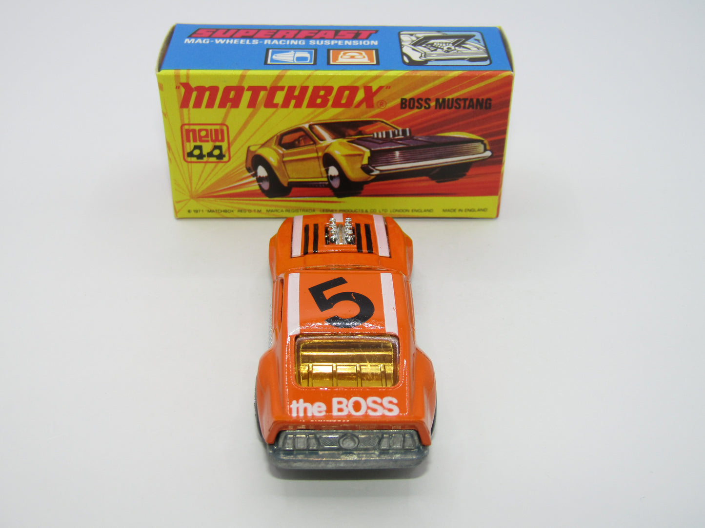 Matchbox Superfast 44B Boss Mustang Dark Orange Missing 1 Side Tampo