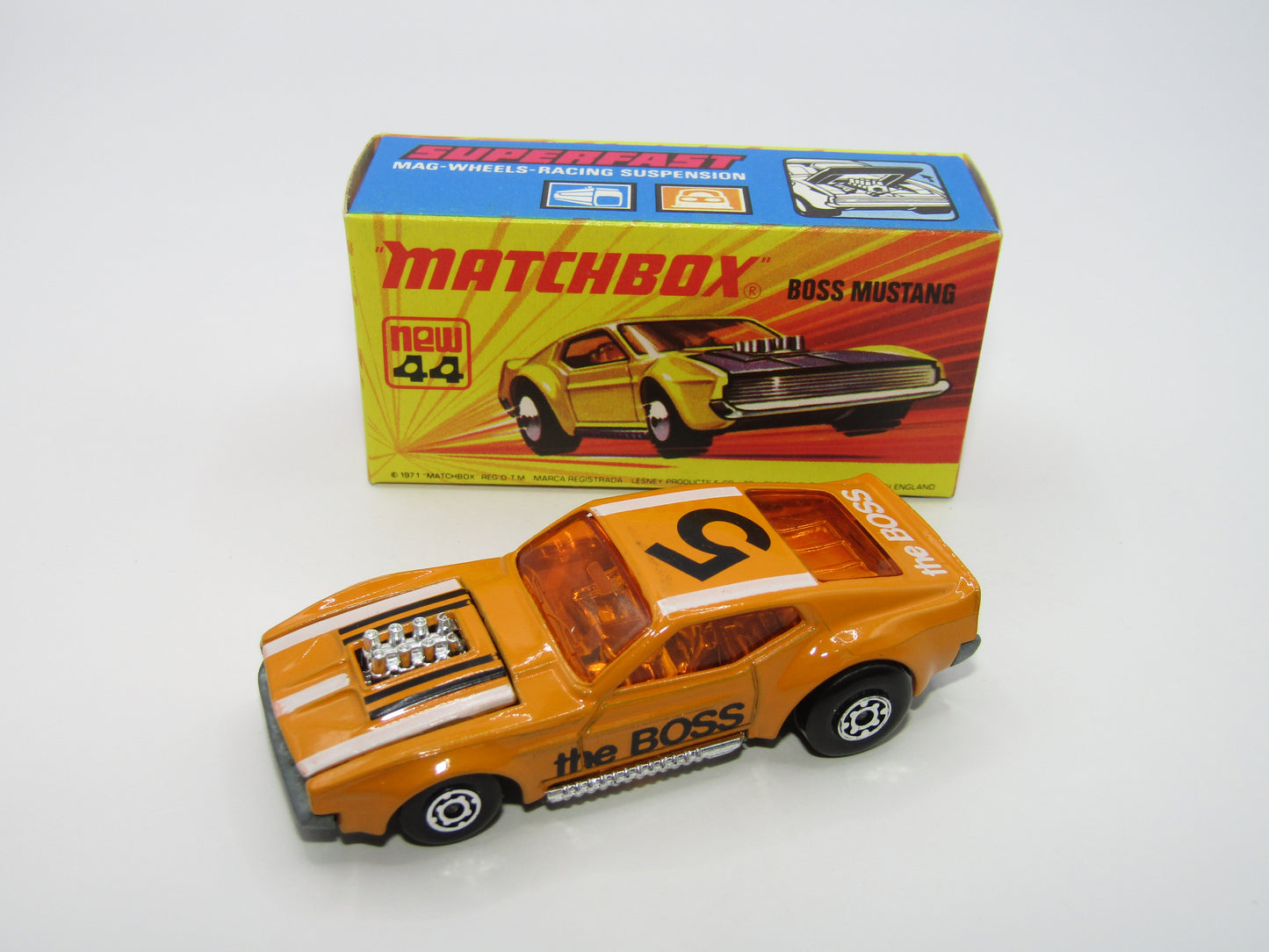Matchbox Superfast 44B Boss Mustang Lt Orange BLACK The Boss Dk Amber Windows
