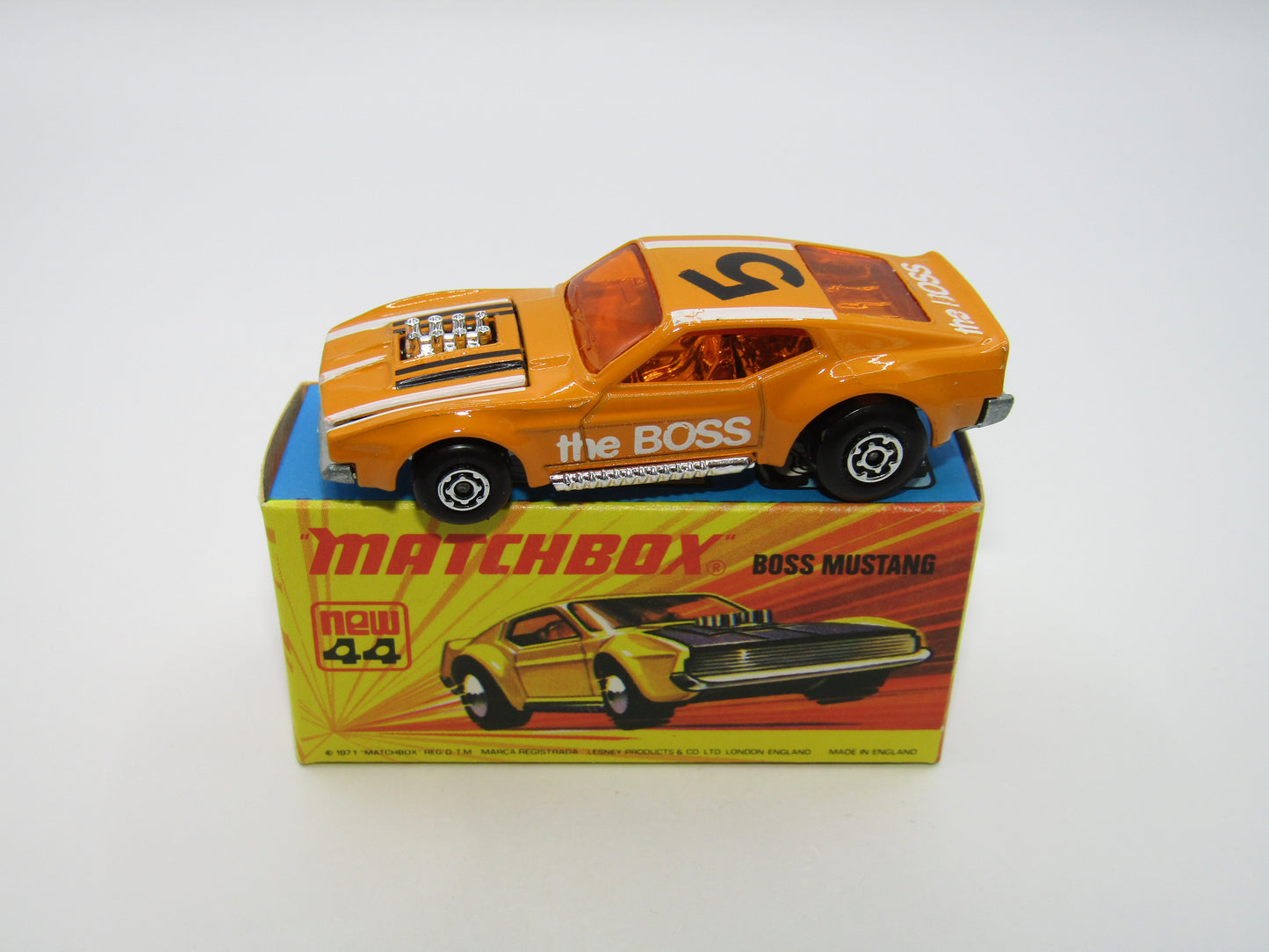 Matchbox Superfast 44B Boss Mustang Lt Orange White BOSS DARK Amber Windows
