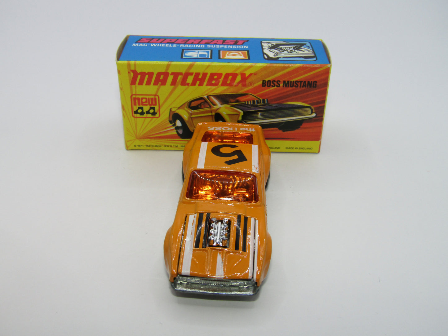 Matchbox Superfast 44B Boss Mustang Lt Orange White BOSS DARK Amber Windows