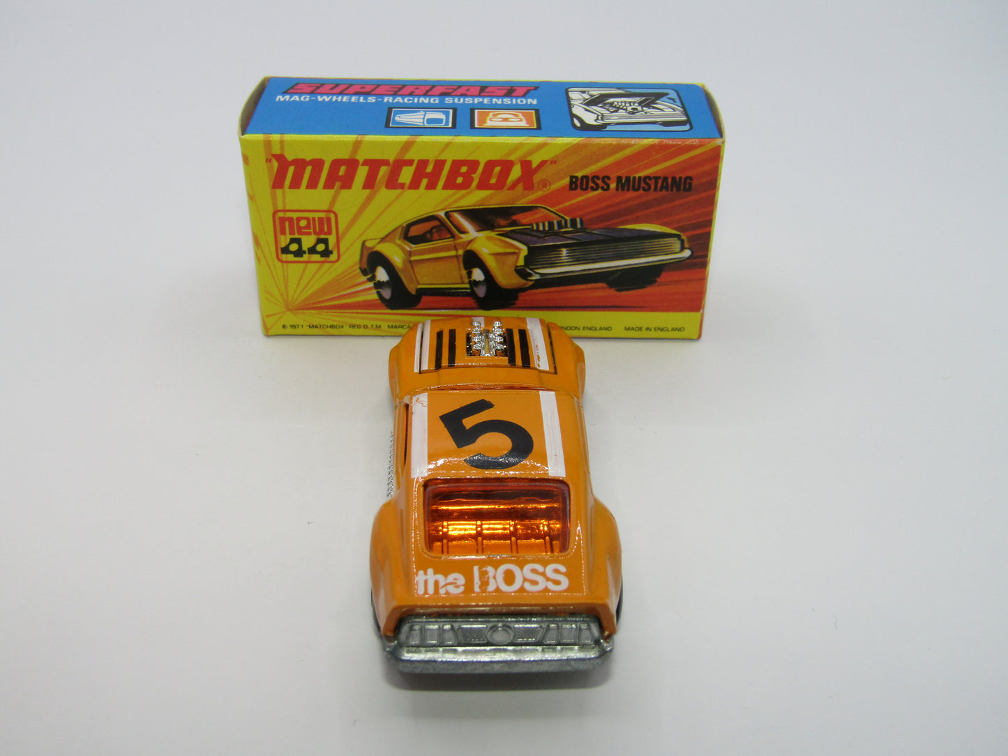 Matchbox Superfast 44B Boss Mustang Lt Orange White BOSS DARK Amber Windows