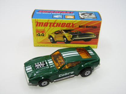 Matchbox Superfast 44B Boss Mustang OLIVE GREEN Dark Amber Windows