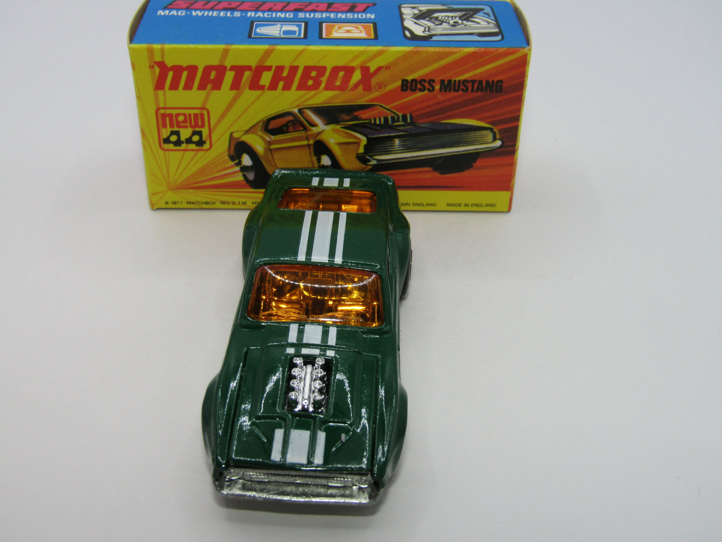 Matchbox Superfast 44B Boss Mustang OLIVE GREEN Dark Amber Windows