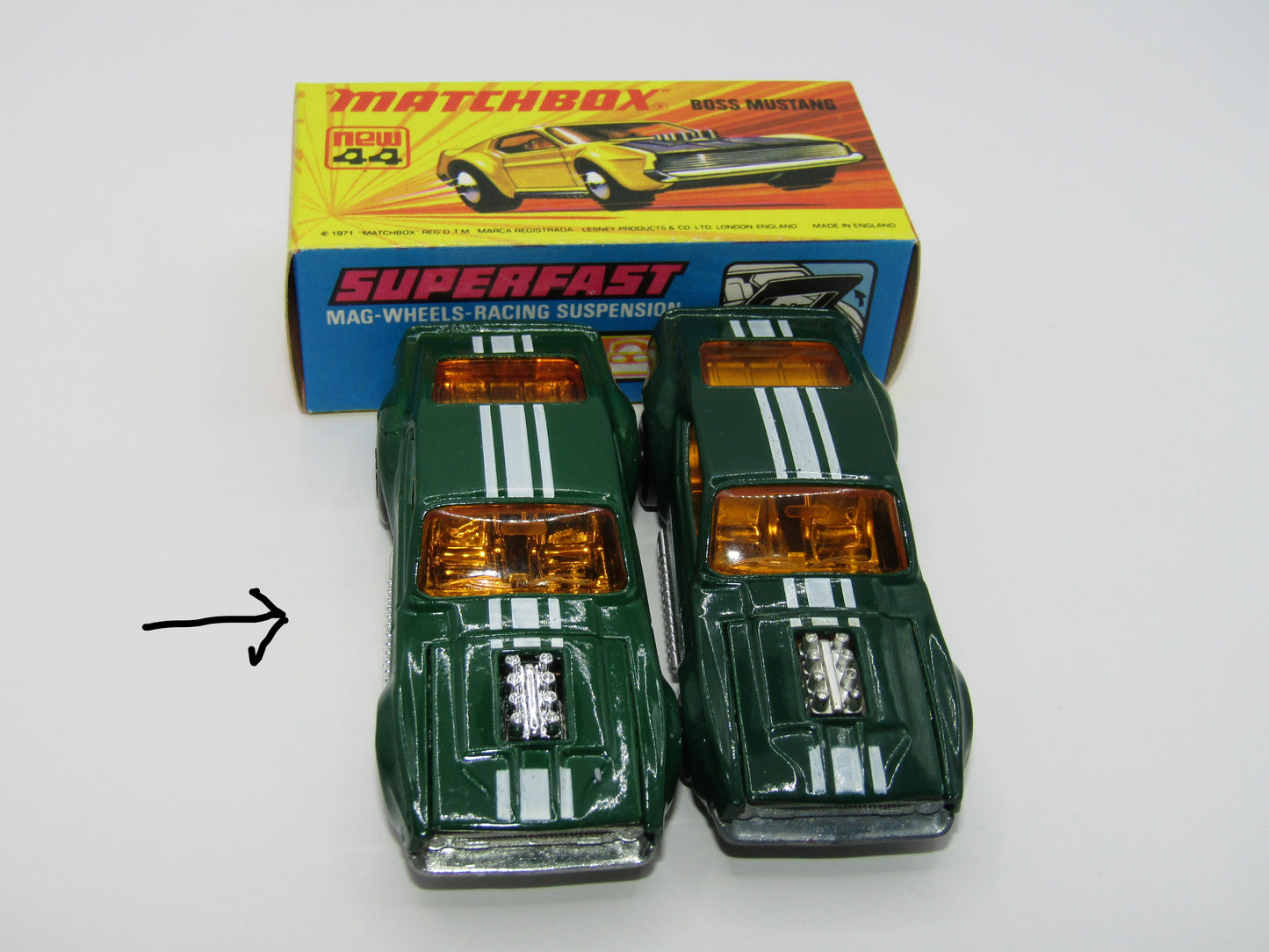 Matchbox Superfast 44B Boss Mustang OLIVE GREEN Dark Amber Windows