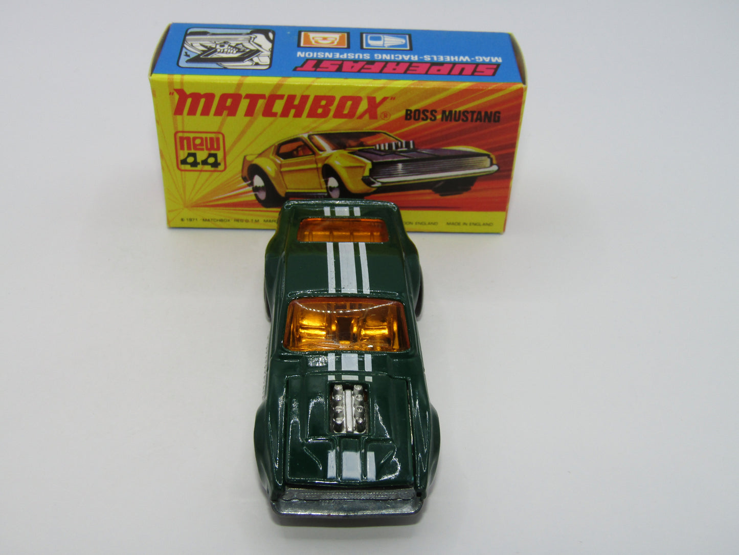 Matchbox Superfast 44B Boss Mustang Dark Green Dark Amber Windows