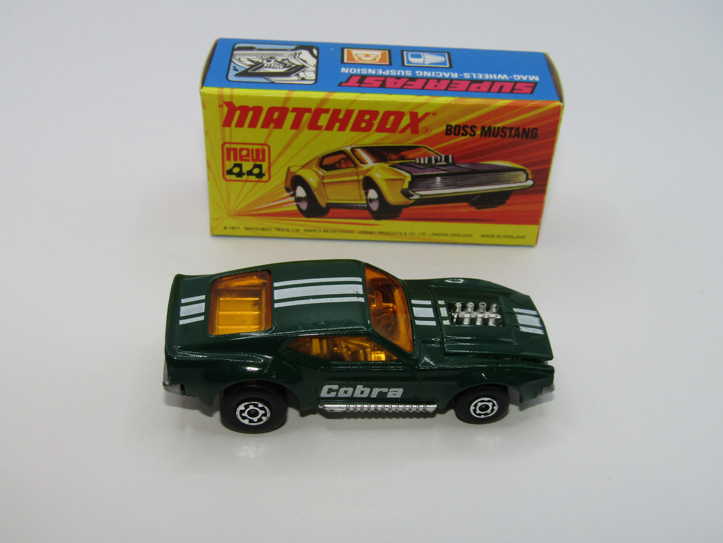 Matchbox Superfast 44B Boss Mustang Dark Green Dark Amber Windows