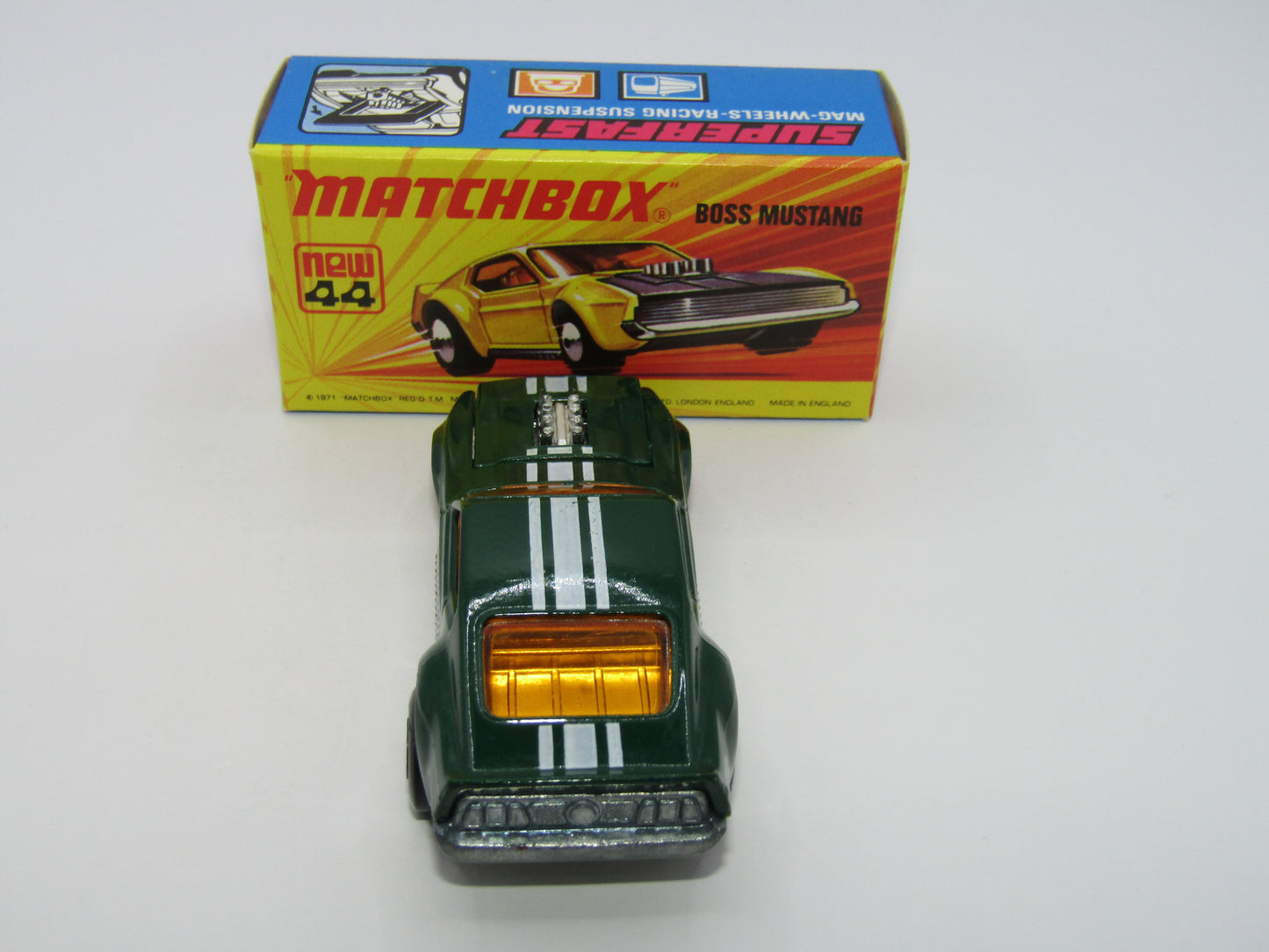 Matchbox Superfast 44B Boss Mustang Dark Green Dark Amber Windows