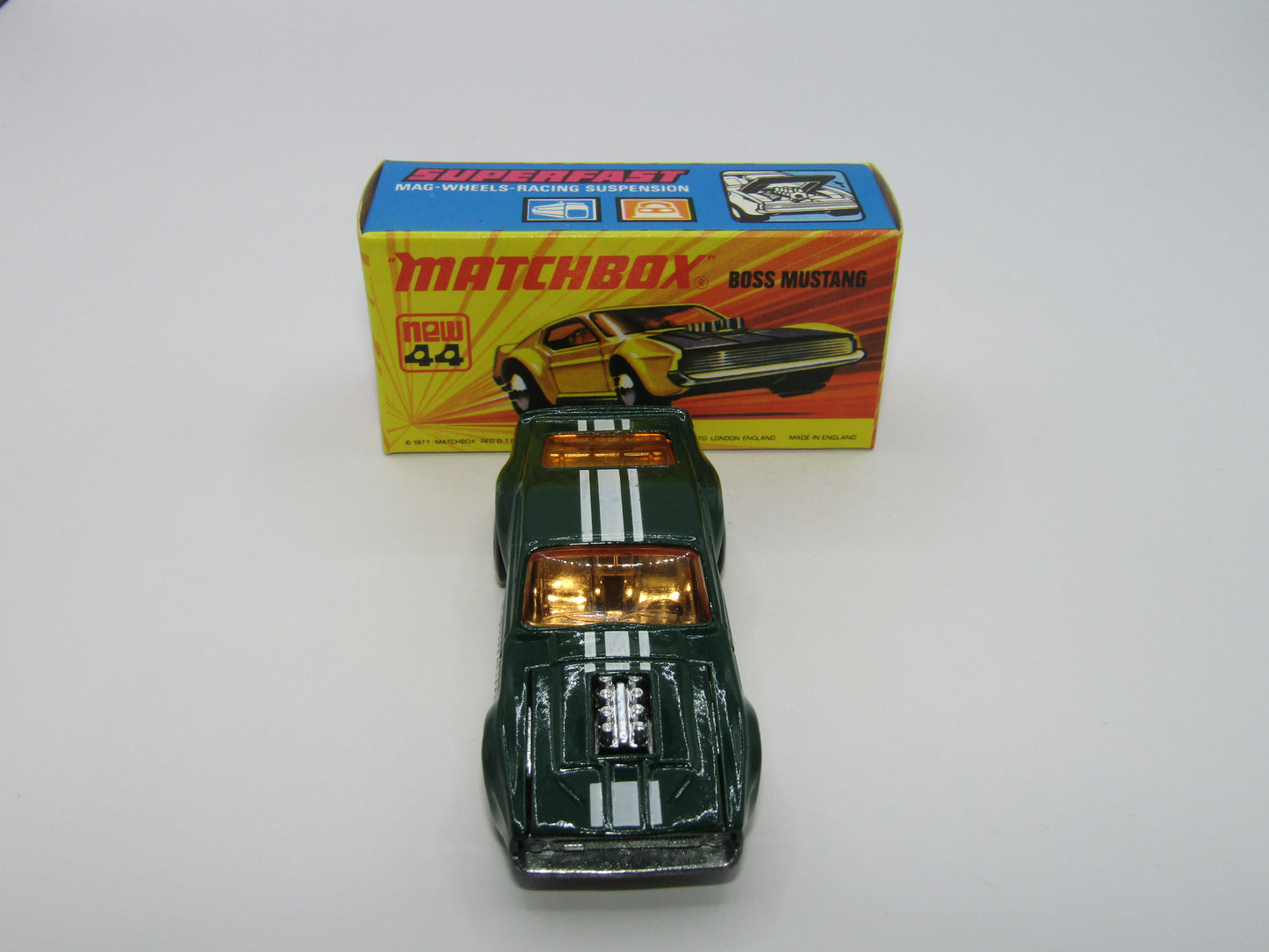 Matchbox Superfast 44B Boss Mustang Dark Green LIGHT Amber Windows