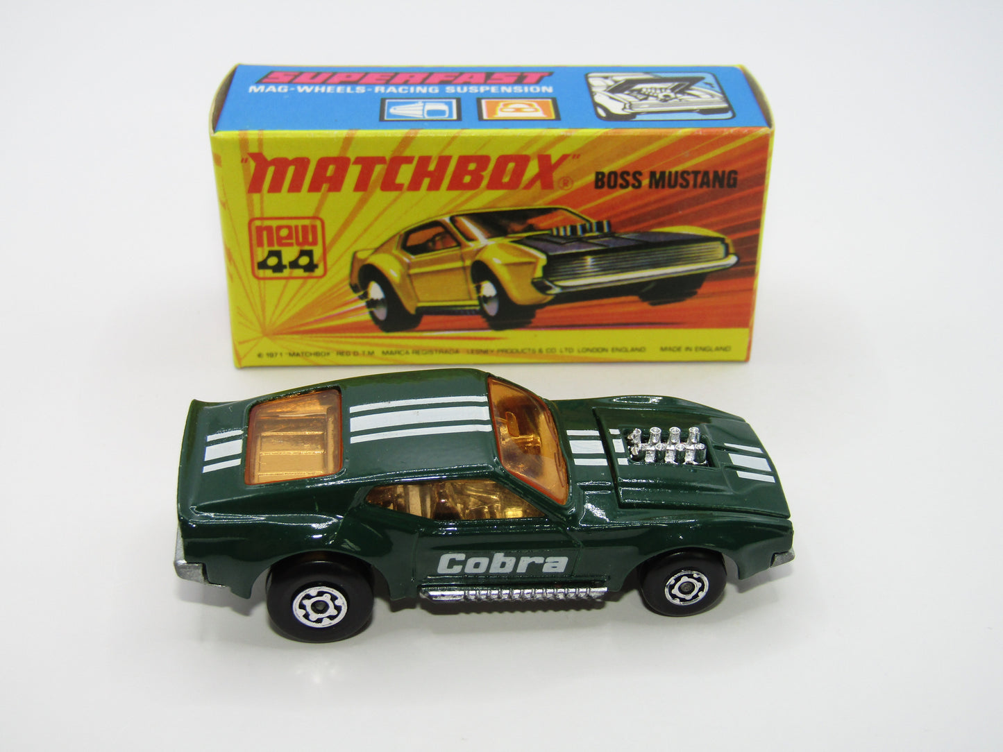 Matchbox Superfast 44B Boss Mustang Dark Green LIGHT Amber Windows