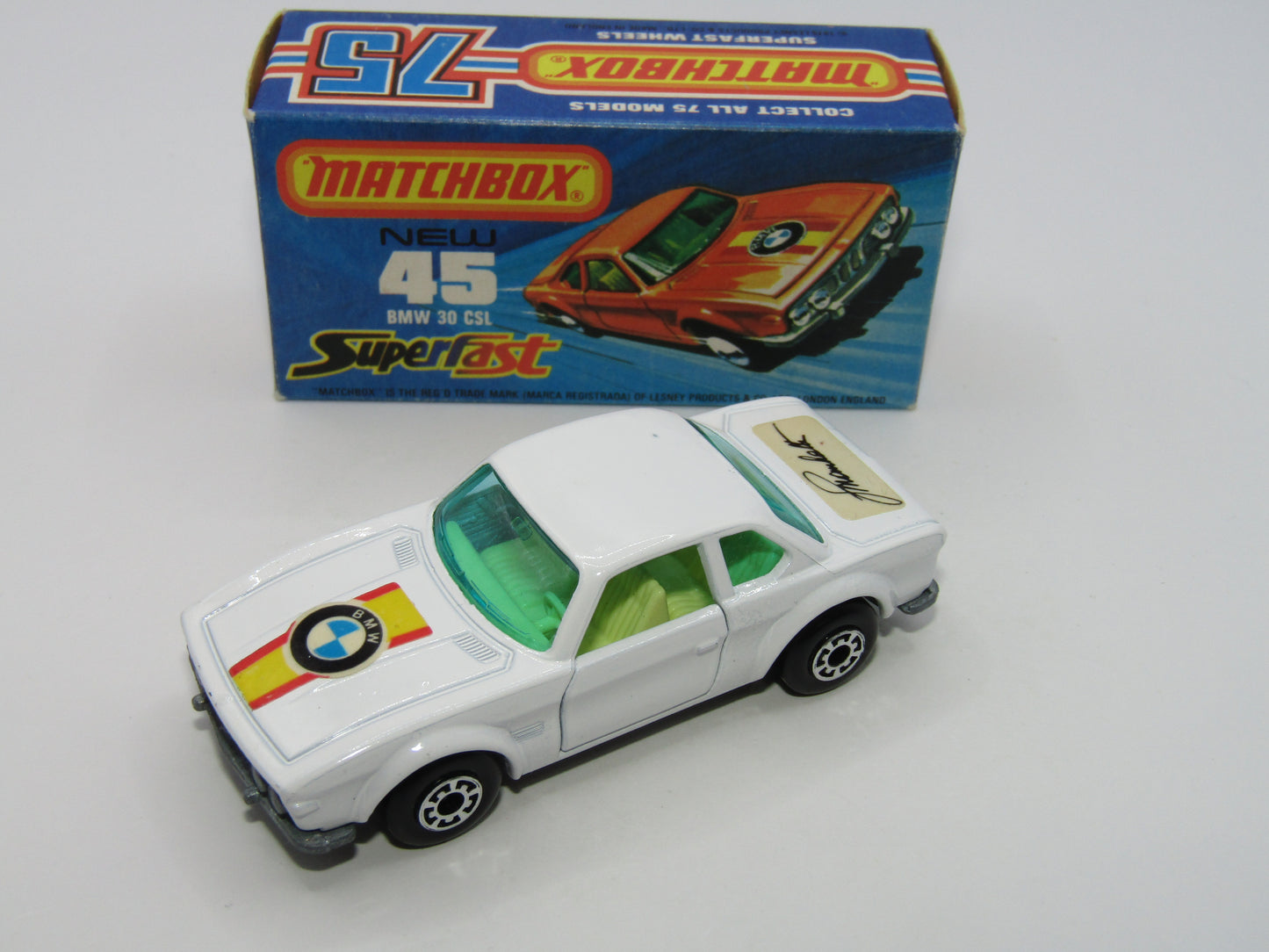 Matchbox Superfast 45B BMW 3.0CSL White with Manhalter Boot Labels