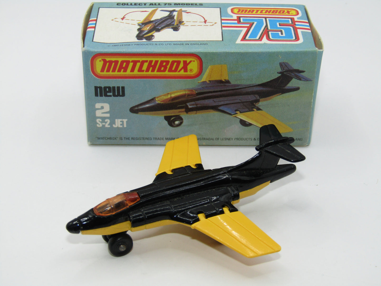 Matchbox Superfast 2D S2 Jet Black & Yellow Dark Amber Windows