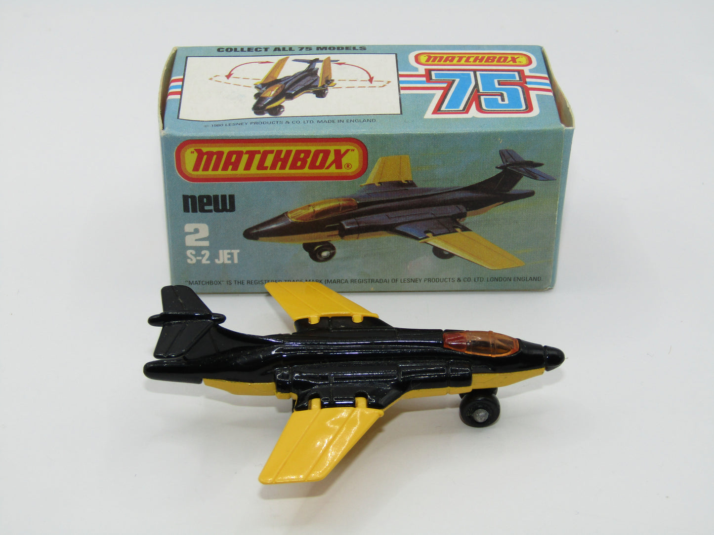 Matchbox Superfast 2D S2 Jet Black & Yellow Dark Amber Windows