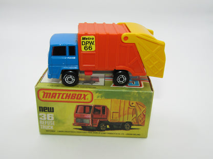 Matchbox Superfast No 36D Refuse Truck Blue DARK ORANGE & Yellow Dump