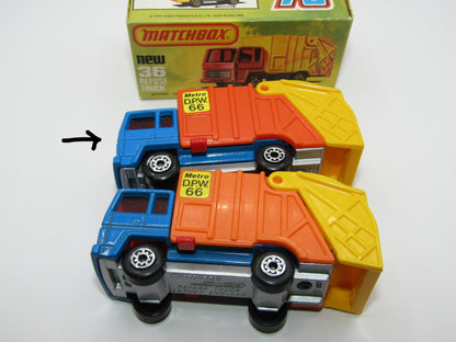 Matchbox Superfast No 36D Refuse Truck Blue DARK ORANGE & Yellow Dump