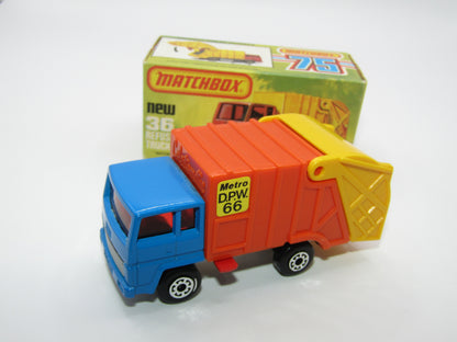 Matchbox Superfast No 36D Refuse Truck Blue DARK ORANGE & Yellow Dump