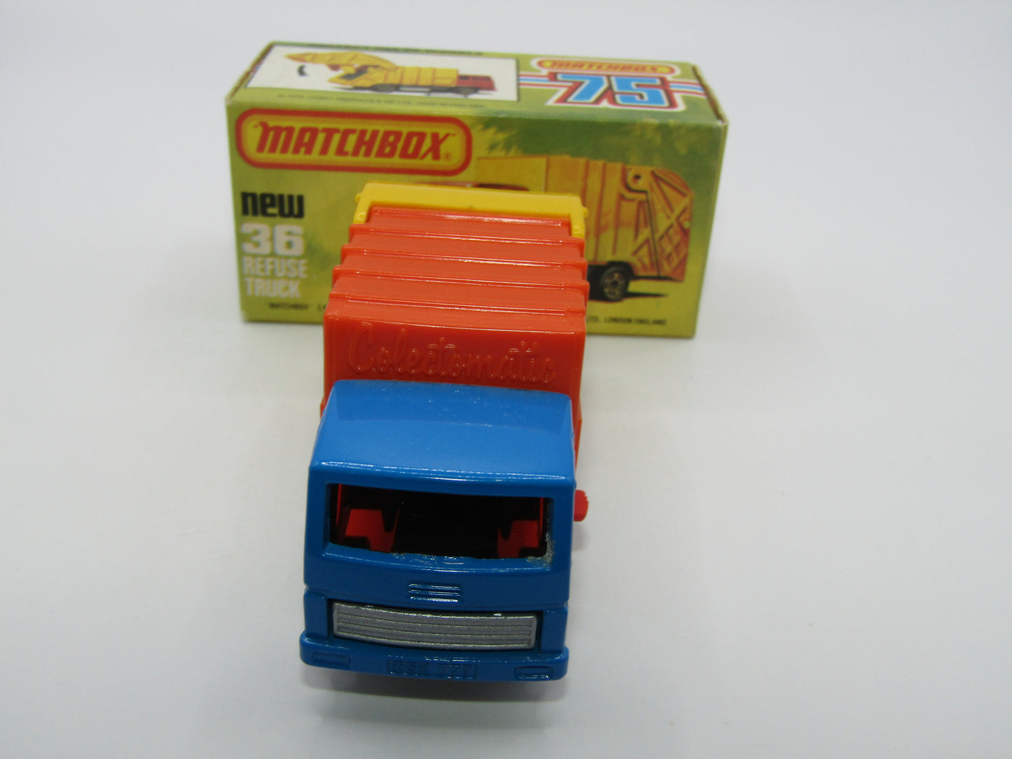 Matchbox Superfast No 36D Refuse Truck Blue DARK ORANGE & Yellow Dump