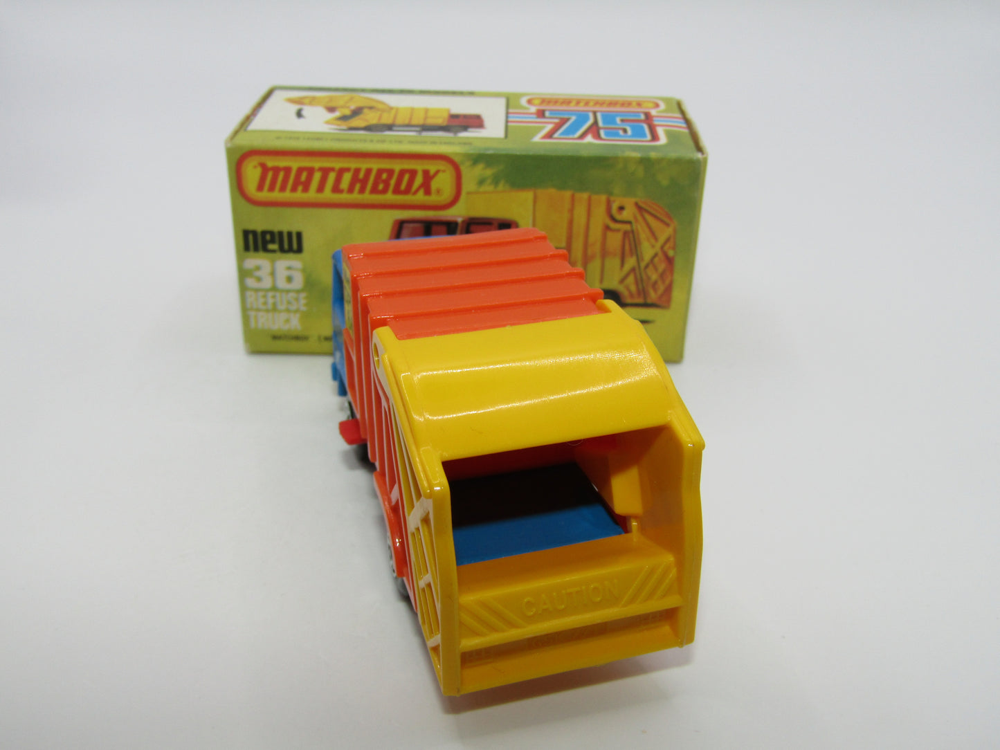 Matchbox Superfast No 36D Refuse Truck Blue DARK ORANGE & Yellow Dump