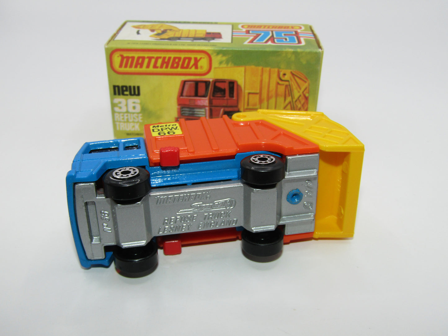 Matchbox Superfast No 36D Refuse Truck Blue DARK ORANGE & Yellow Dump