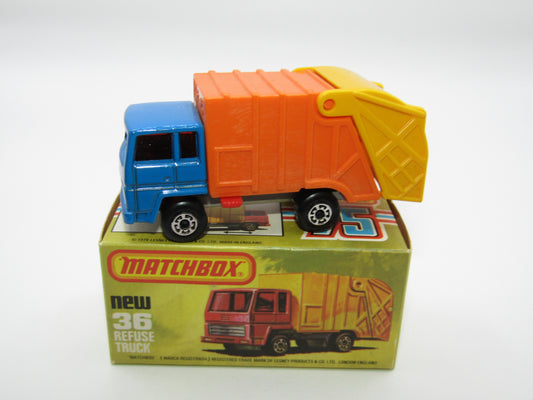 Matchbox Superfast No 36D Refuse Truck Blue, Orange & Yellow NO LABELS
