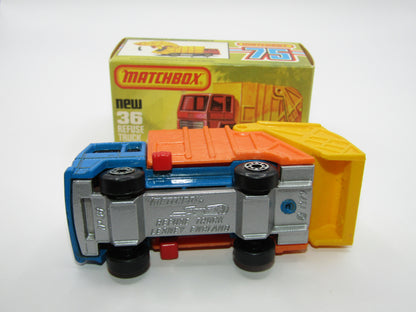 Matchbox Superfast No 36D Refuse Truck Blue, Orange & Yellow NO LABELS