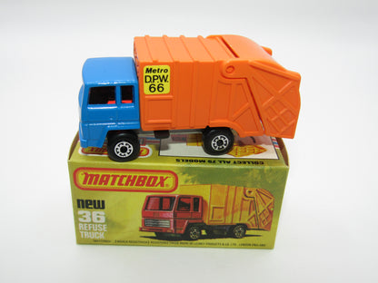 Matchbox Superfast No 36D Refuse Truck Blue, Orange & Orange BLACK Slider