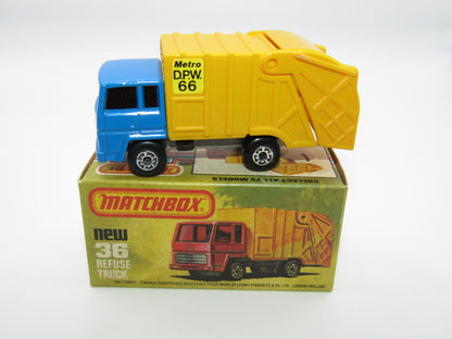 Matchbox Superfast No 36D Refuse Truck Blue, Yellow & Yellow Black Slider