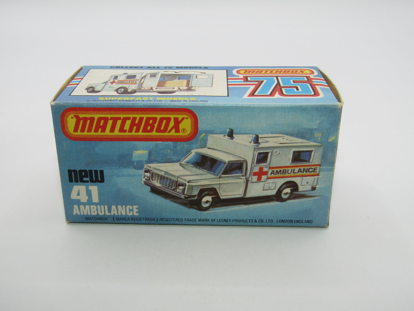 Matchbox Superfast No 41C Ambulance YELLOW & BLUE Label ORANGE Interior