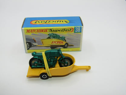 Matchbox Superfast 38A Honda Motorcycle with Trailer YELLOW No Labels Green Bike