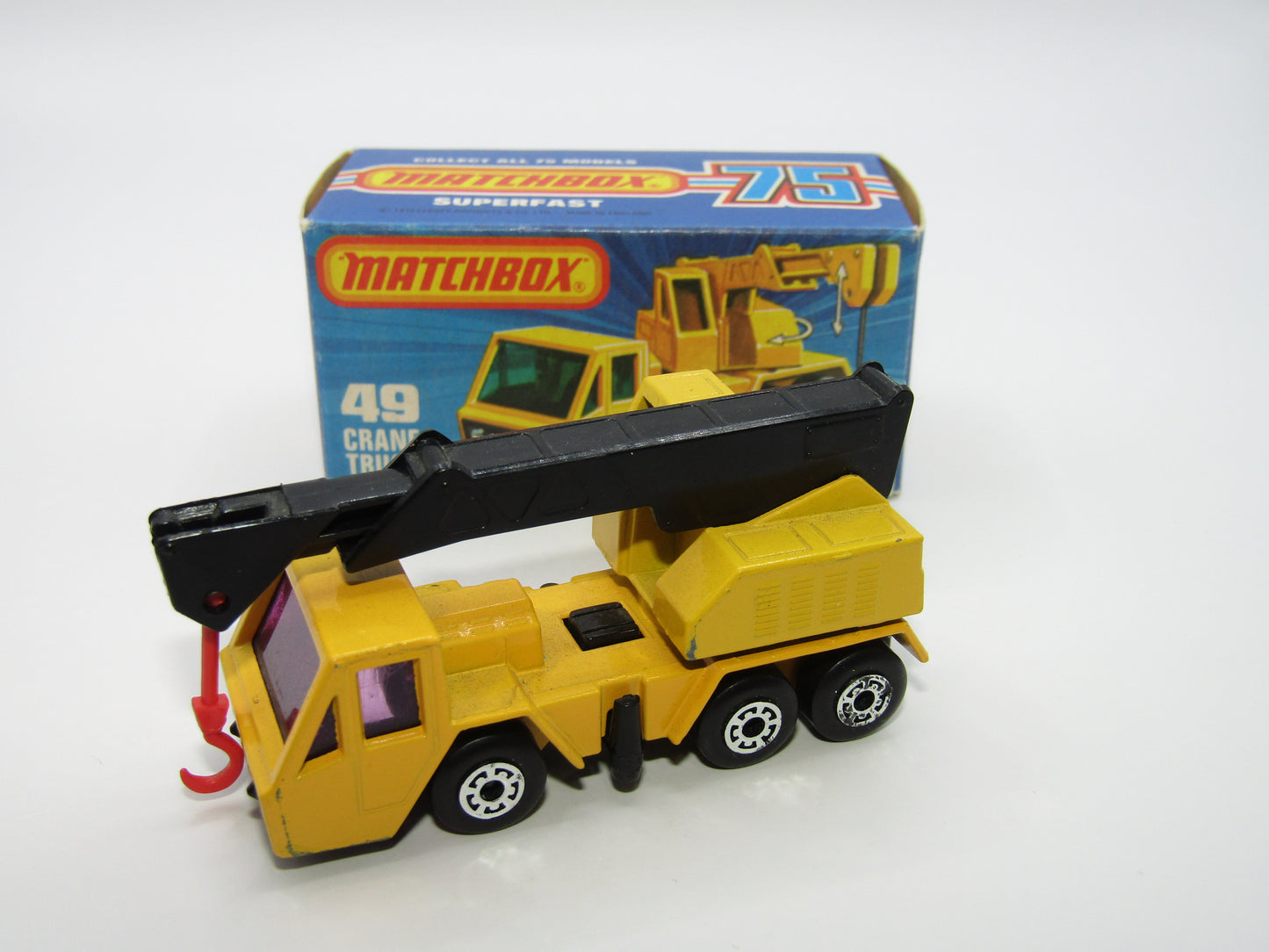 Matchbox Superfast 49C Crane Truck Yellow Black Arm PURPLE Windows