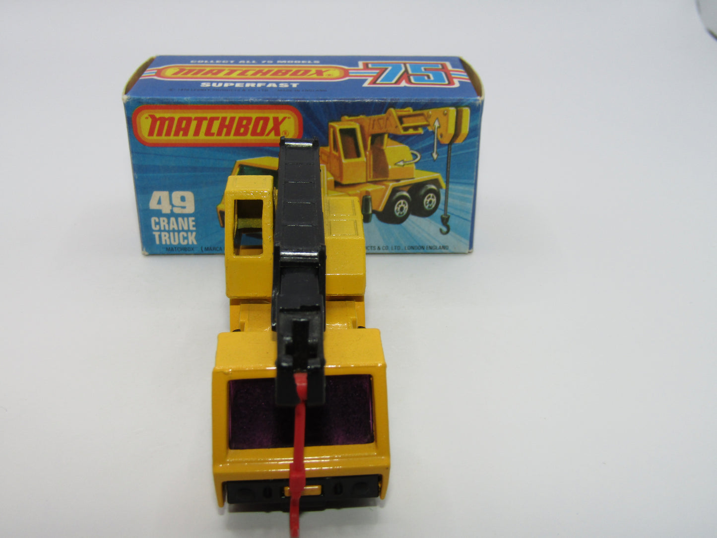 Matchbox Superfast 49C Crane Truck Yellow Black Arm PURPLE Windows