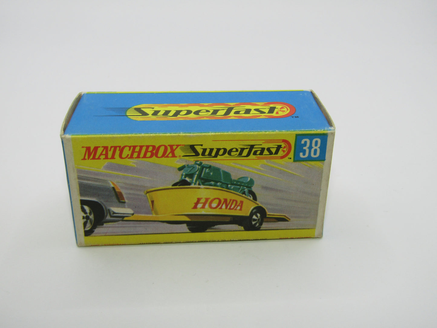 Matchbox Superfast 38A Honda Motorcycle with Trailer YELLOW No Labels Green Bike