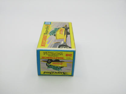 Matchbox Superfast 38A Honda Motorcycle with Trailer YELLOW No Labels Green Bike