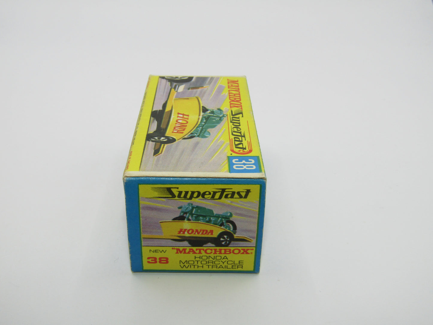Matchbox Superfast 38A Honda Motorcycle with Trailer YELLOW No Labels Green Bike