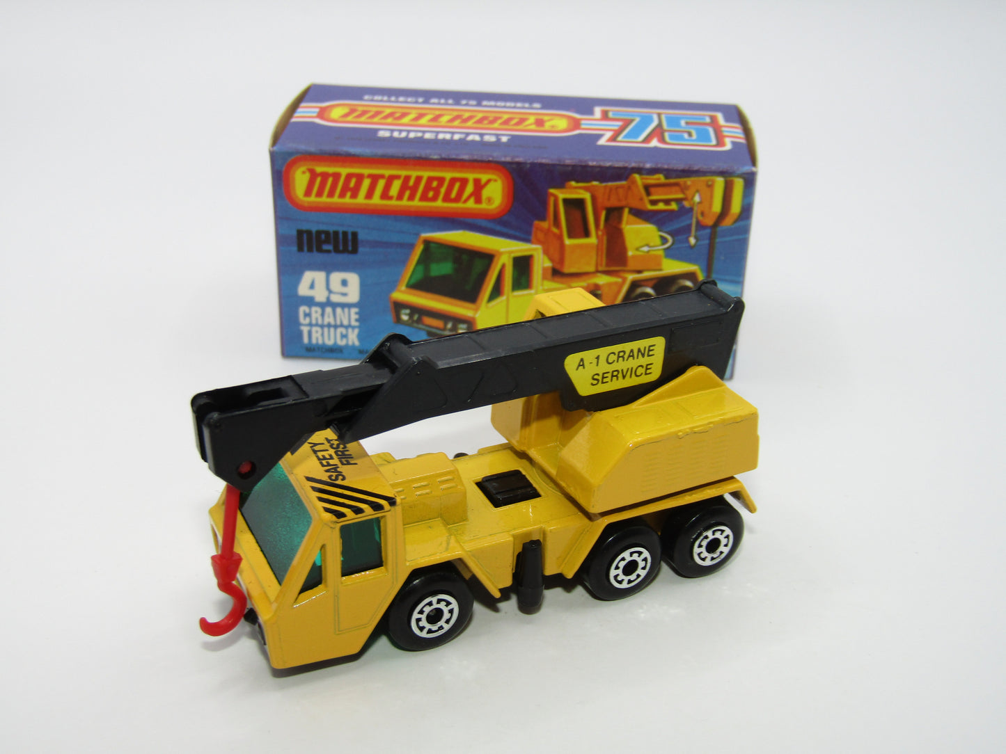 Matchbox Superfast 49C Crane Truck Yellow Black Arm Safety First & Label