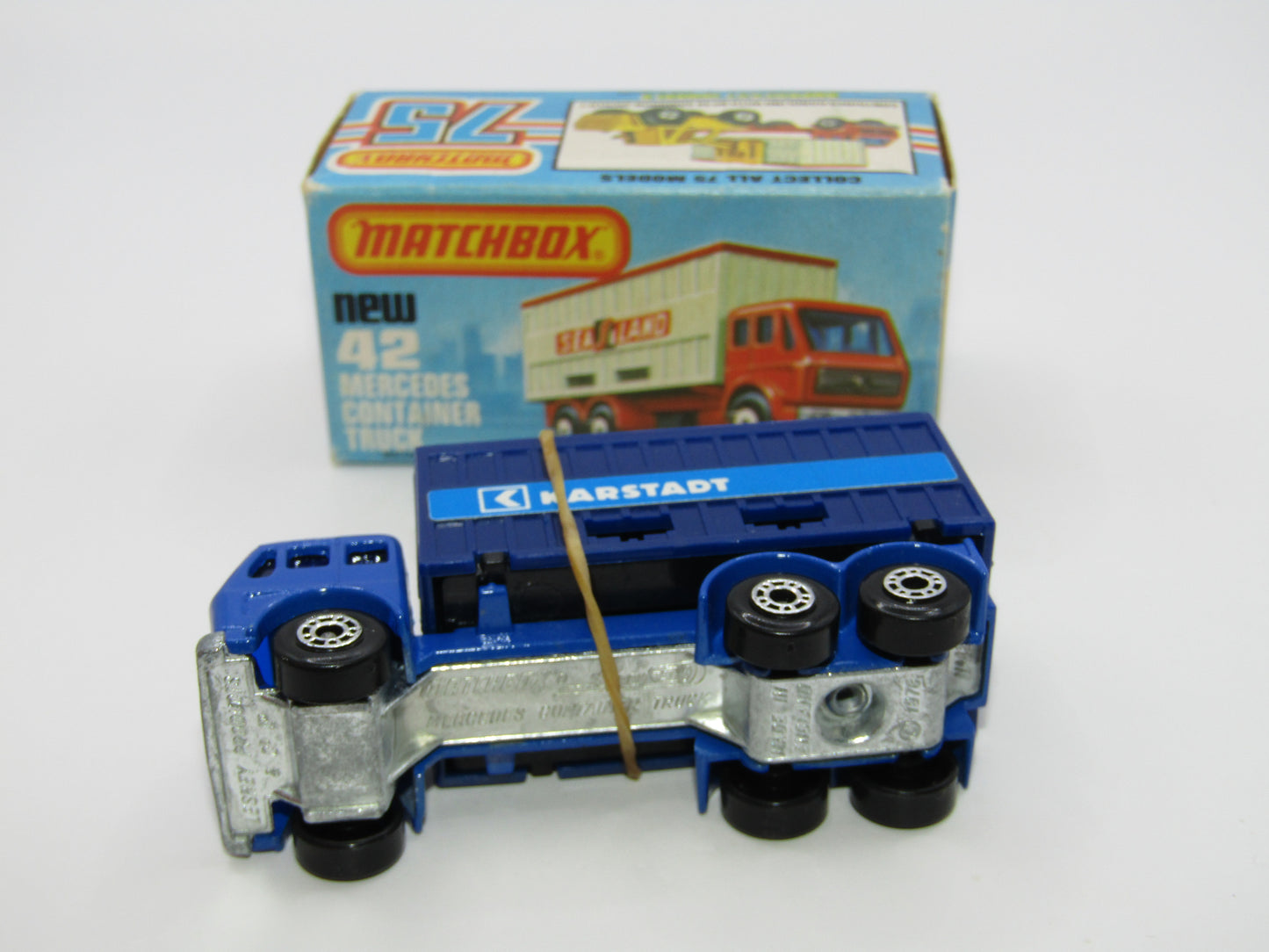 Matchbox Superfast No 42C Mercedes Truck Blue Karstadt on LEFT