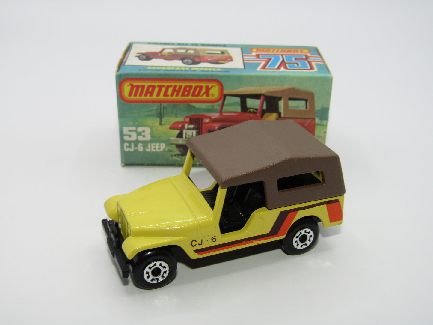 Matchbox Superfast 53C Jeep CJ-6 Yellow Brown Roof SATIN Black Base