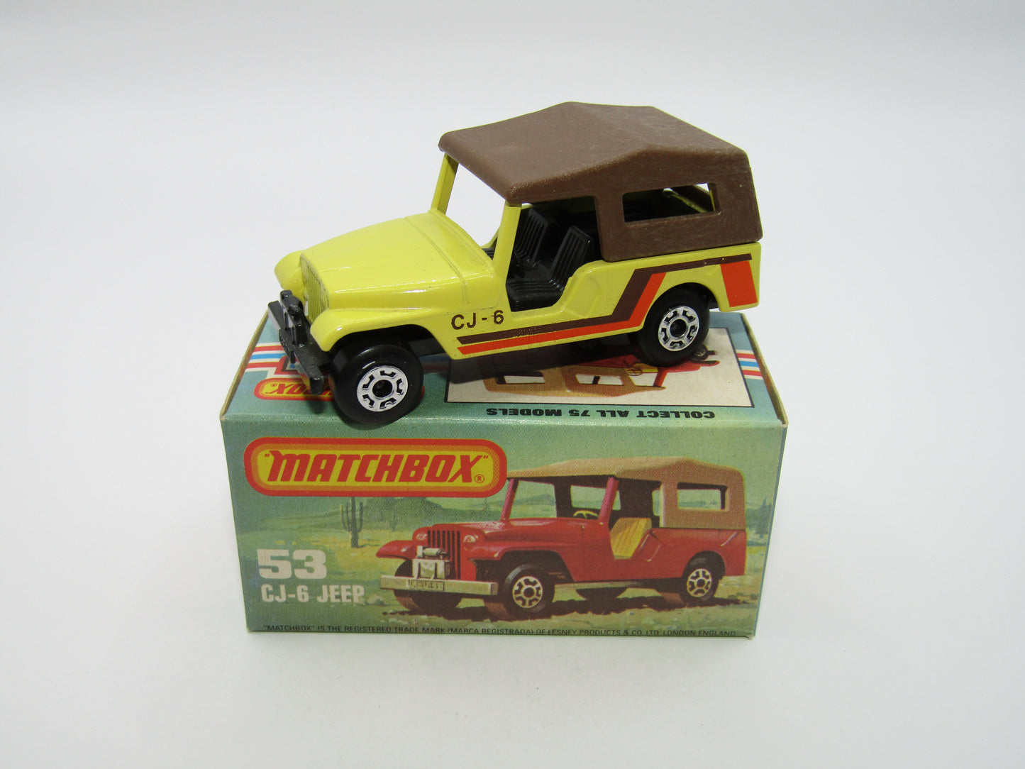 Matchbox Superfast 53C Jeep CJ-6 Yellow Brown Roof CHARCOAL Black Base