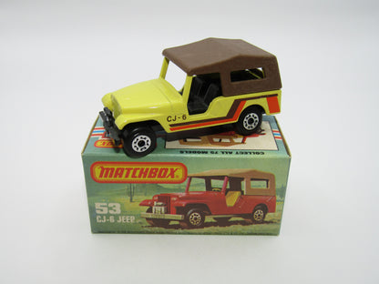 Matchbox Superfast 53C Jeep CJ-6 Yellow Brown Roof CHARCOAL Black Base