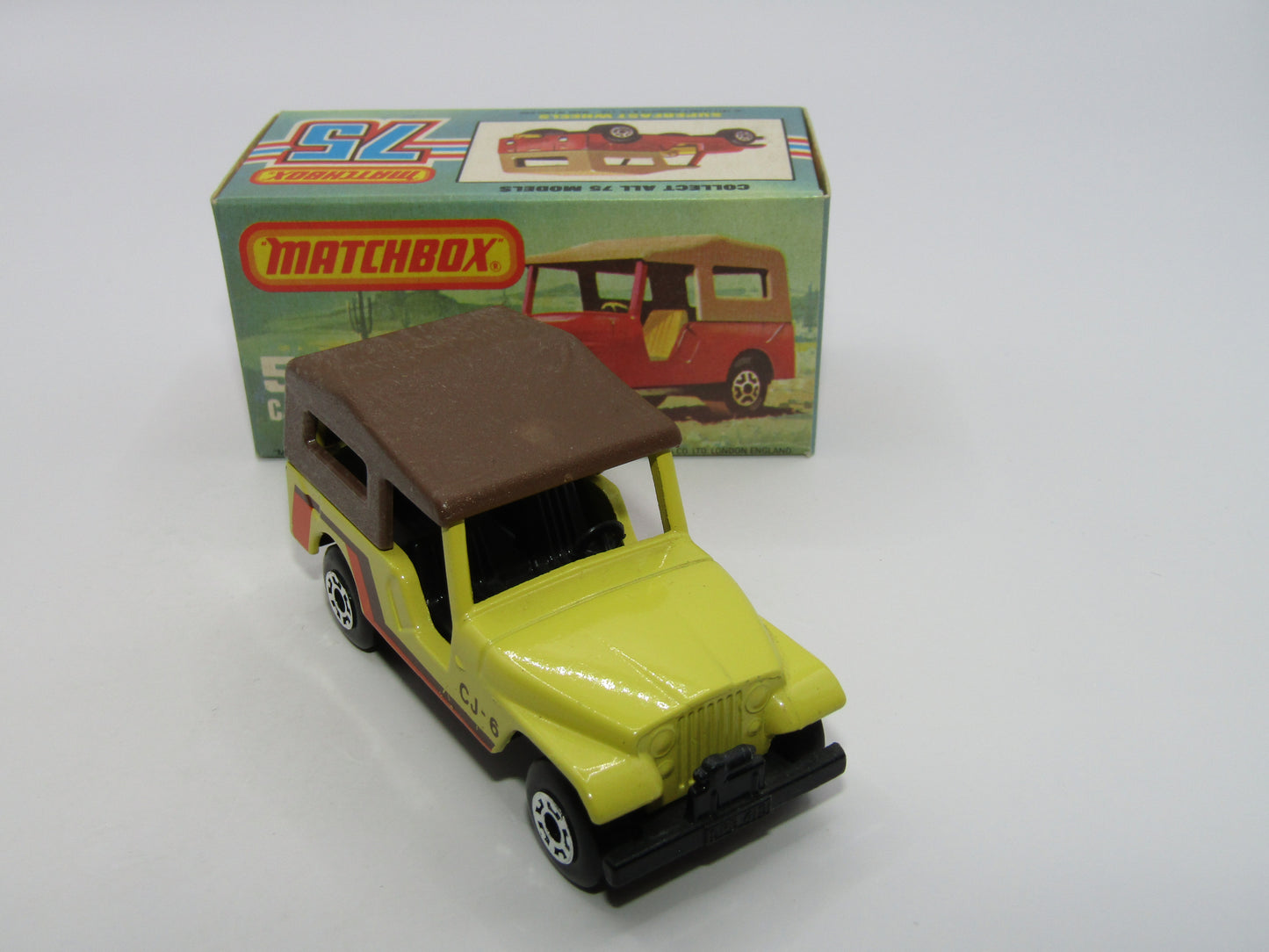 Matchbox Superfast 53C Jeep CJ-6 Yellow Brown Roof CHARCOAL Black Base
