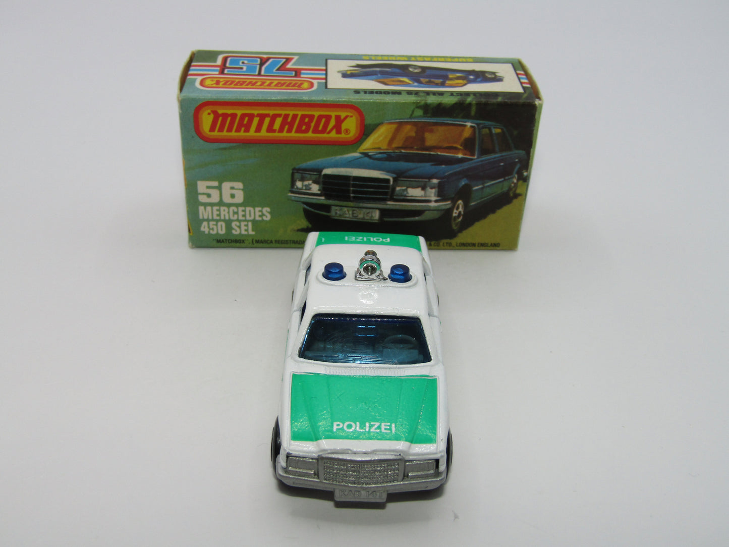 Matchbox Superfast 56C Mercedes 450SEL Police Car Light Green Tampo Silver Base