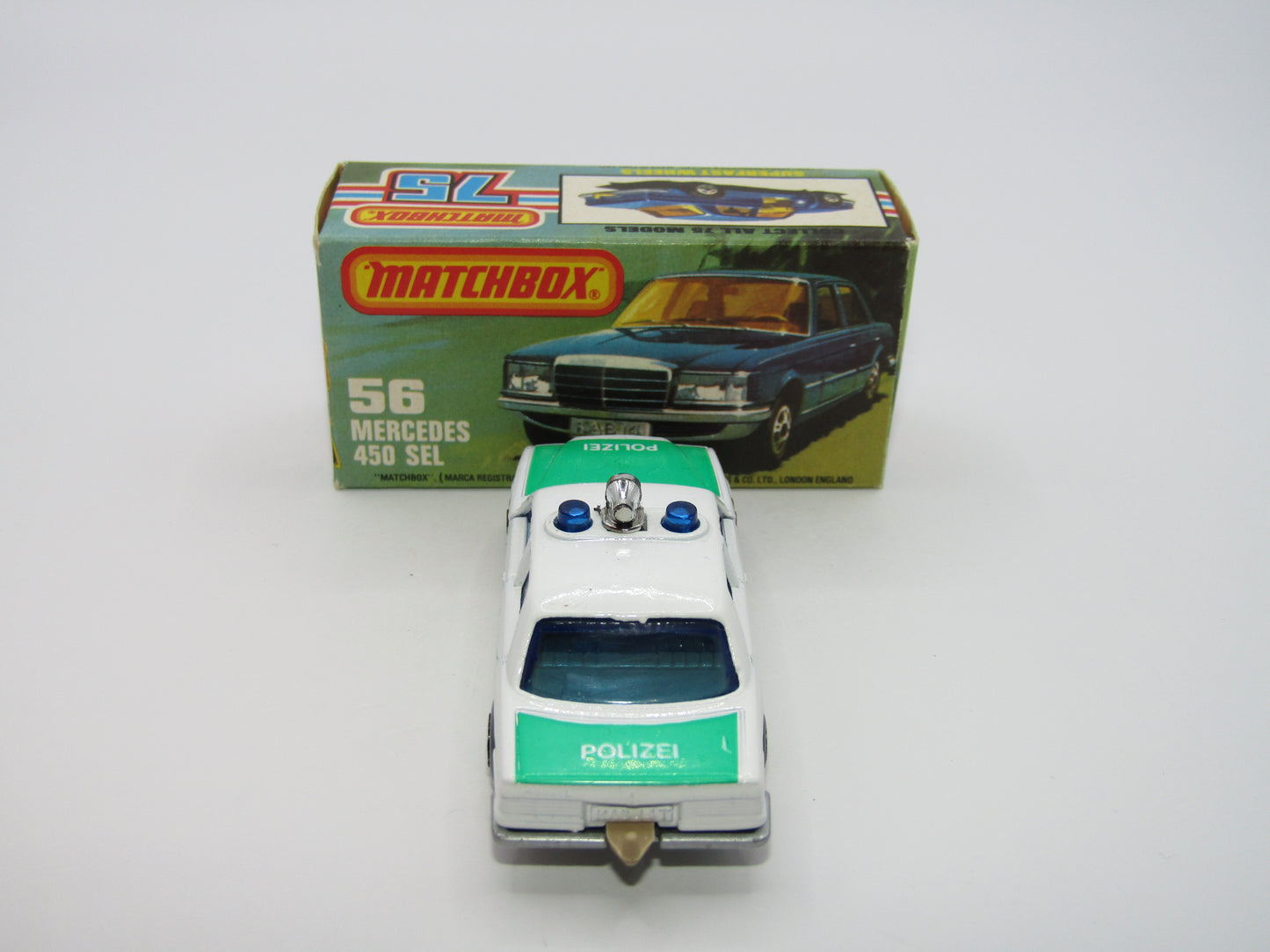 Matchbox Superfast 56C Mercedes 450SEL Police Car Light Green Tampo Silver Base
