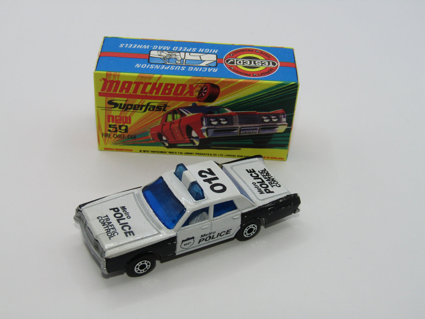 Matchbox Superfast 59B Mercury Police Car Metro Police DK Blue Windows Silver Base